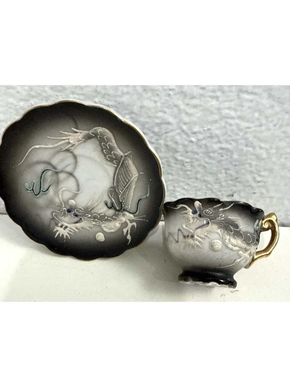 Vintage Japanese Moriage Dragonware Tea Cup Saucer Gold Lithopane 3.5
